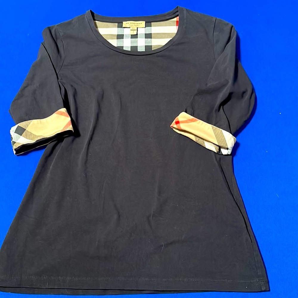 Burberry Black 3/4 sleeve top, with plaid trimming. Size Small